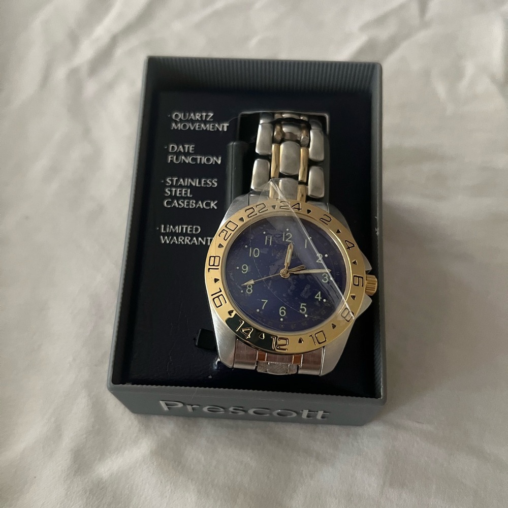 Prescott Silver and Gold Watch with Blue Dial